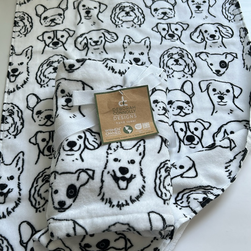 2pk Deborah Connolly White DOGS Print Hand Towels
